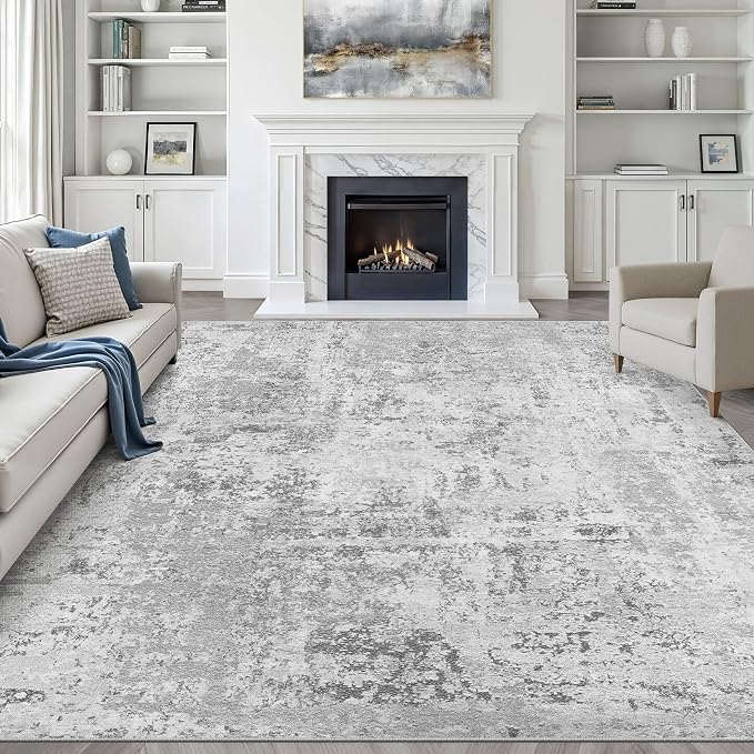 LOONGRUG 8x10 Area Rugs Washable Neutral Modern Living Room Rug Light Gray | Abstract Soft Stain Resistant Indoor Non-Slip Carpet for Bedroom Nursery Kids Office Playroom Dining Room