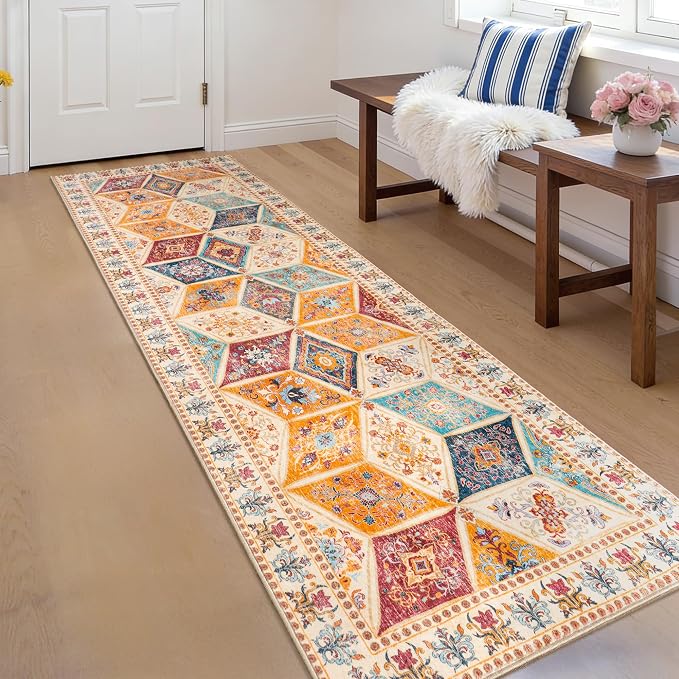 Moroccan Vintage Distressed Boho Geometric Cream 2.7x10 Runner Rug | Patchwork Washable Non Slip Throw Floor Long Carpet Runner for Hallway Entryway Kitchen Bathroom Bedroom Livingroom Rug