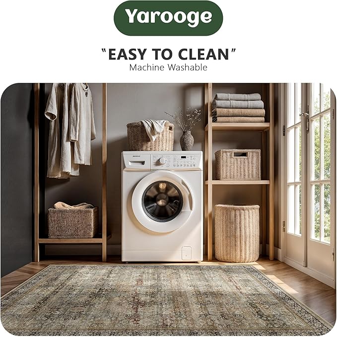 10x14 Area Rugs for Living Room - Washable Vintage Retro Large Rug, Soft Ultra Thin Non Slip Low Pile Traditional Distressed Boho Carpet for Bedroom Dining Room Home Office, Charcoal Olive
