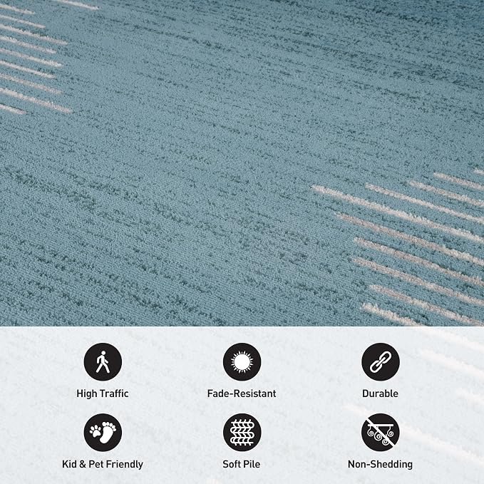 Rugshop Bohemian Stripe Stain Resistant High Traffic Area Rug Blue 2' x 7' | Rectangular, Size 2' x 7', Living Room, Bedroom, Dining Room, Home Office, Kitchen, Entryway, Hallway, Nursery, Kids Room