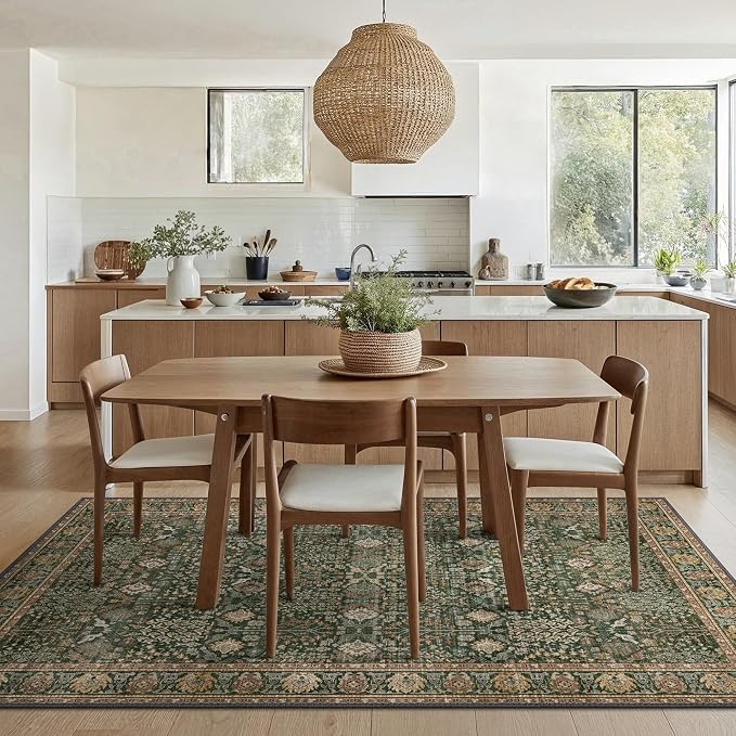 6x9 Washable Area Rug for Living Room, Non Slip, Dark Green Brown | Vintage Floral, Spill Resistant, Lightweight Ultra-Thin Carpet for Bedroom, Dining Room and Office