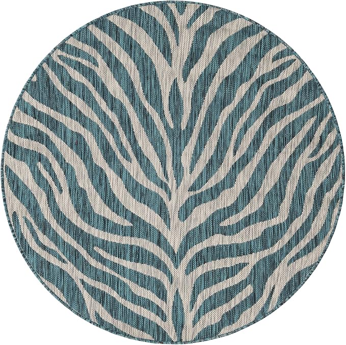 Unique Loom Outdoor Safari Collection Area Rug - Tsavo (4' 1" Round, Teal/ Ivory)