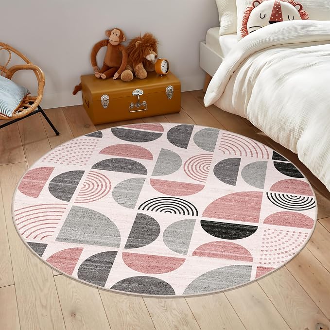 Round Rugs 5ft,Circle Area Rug Washable Non Slip Modern Abstract | Circular Rugs for Bedroom Living Room Dining Room Boho Throw Carpet Soft Low Pile Floor Indoor Bohemian Pink and Grey