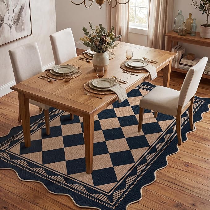 Garvee Easy Jute Large Area Rug 10x13 Rugs Washable Rug，Black/Coffee | Scalloped Border Indoor Outdoor Washable Rug Stain Resistant Low Pile Non Slip Throw Rugs for Dining Room Nursery Apartment