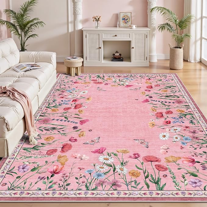 5x7 Area Rugs, Rugs for Bedroom, Indoor Non-Slip Washable Rug for Living Room, Dining Room, Low Pile Home Decor Floral Rug(Pink)
