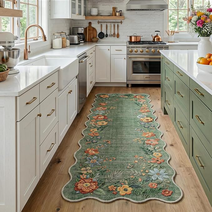 FMFUNCTEX 2x6 Hallway Runner Rug Washable Sage Green Floral Scalloped Boho | Vintage Non Slip Flower Colorful Traditional Low Pile Cottage Indoor Carpet Entryway Rugs Kitchen Bedroom Laundry Bedside