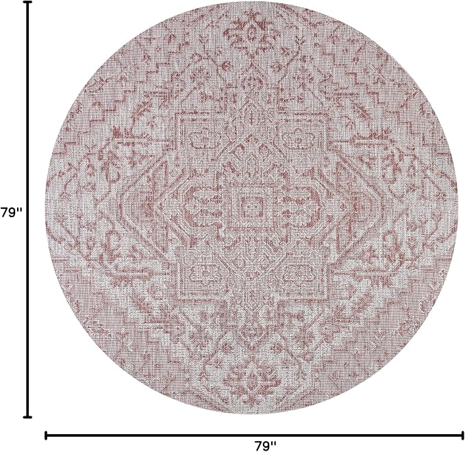 JONATHAN Y Boho Medallion Indoor Outdoor Round Area Rug 6 Ft Red/Taupe, Estrella Textured Weave for Backyard, Patio, Porch, Easy-Cleaning, High Traffic, Pet-Friendly, Non-Shedding (SMB105A-6R)