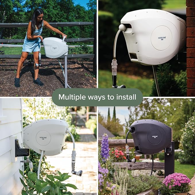 HOSELINK Classic Charcoal 100ft Automatic Retractable Garden Hose Reel, 1/2" UV-Stabilized Kink-Free Hose, Wall Mounted Complete Watering Solution for Backyard, Garden & Outdoor