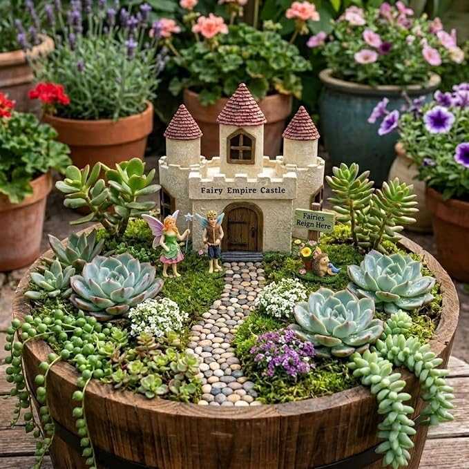 PRETMANNS Fairy House Kit - Fairy Garden Accessories for Outdoor Miniature Village Decor, with Castle, Prince and Princess Fairies & Sign - House, 9’ High & Door can Open Wide - 4 Piece Supplies