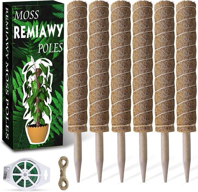 Moss Pole 68 Inch, 6 Pack Plant Moss Pole for Plants Monstera, 15.6 Inch Coir Totem Sticks for Climbing Support Extension Indoor Sticks with 65 Feet Garden Twist Tie