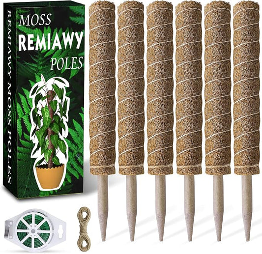 Moss Pole 68 Inch, 6 Pack Plant Moss Pole for Plants Monstera, 15.6 Inch Coir Totem Sticks for Climbing Support Extension Indoor Sticks with 65 Feet Garden Twist Tie