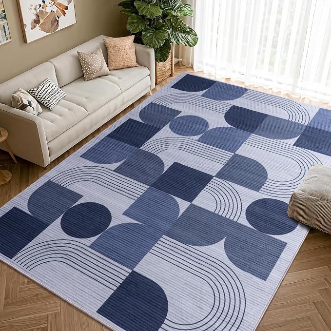 Soft Modern Geometric Abstract Large Machine Washable 6x9 Area Rug | Blue Rugs for Bedroom Living Room, Non-Shedding Faux Wool Indoor Throw Floor Carpet for Office Entryway Dining Room Decor