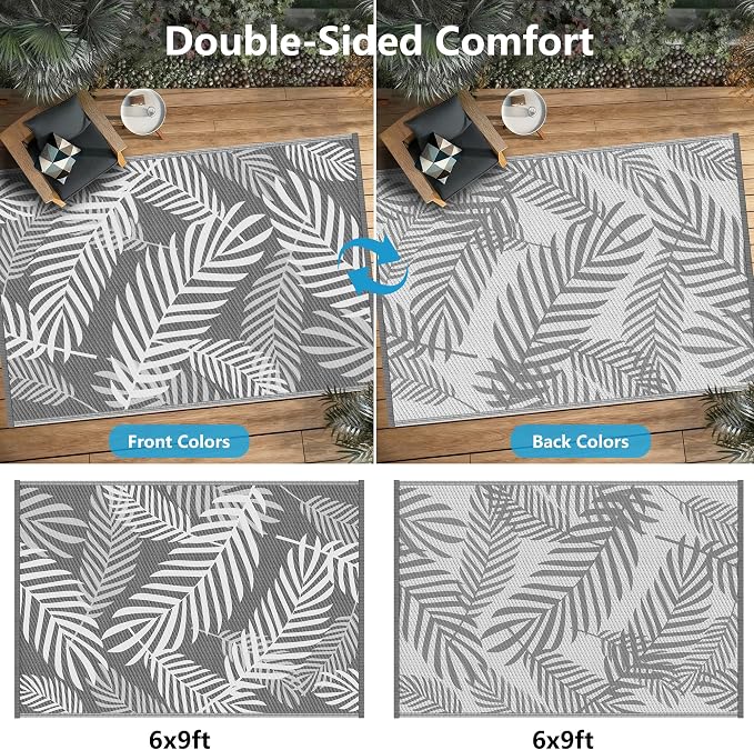Kohree Outdoor Rug Waterproof 6x9, Reversible Outdoor Plastic Straw Rug with Leaf Pattern, Easy-Cleaning RV Mat Carpet for for Patio, Camping, Balcony, Deck, Backyard, Grey & White