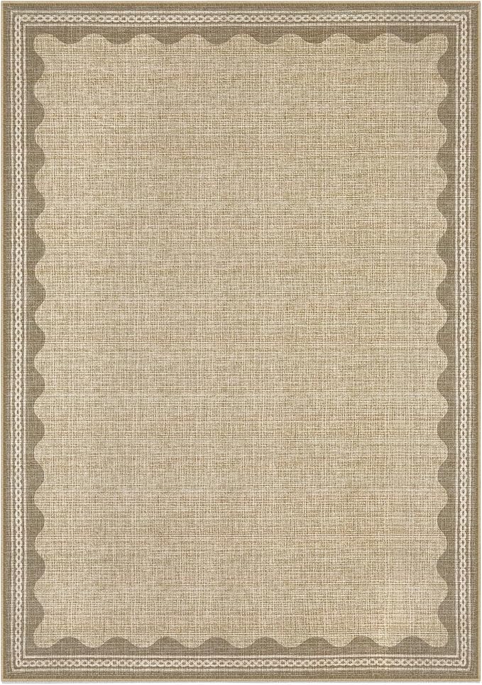5x7 Scalloped Area Rugs Jute Washable Living Room Bedroom Rug | Solid Tan Rug for Bedroom Girls, Non Slip Throw Carpet With Rubber Back, Soft Dorm Nursery Scalloped Rugs for Dining Room