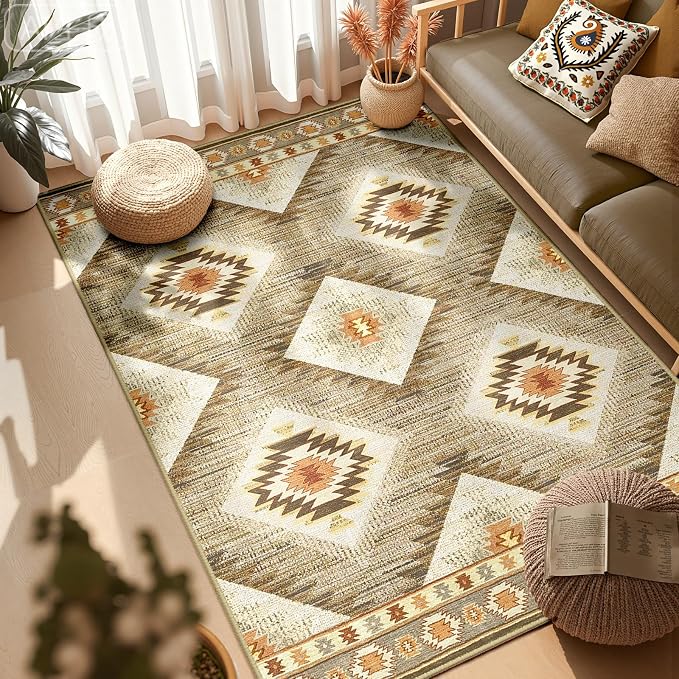 Area Rug 5x7 Rug Machine Washable Non-Slip Low Pile Print Pattern Western Rug for Living Room Bedroom Entryway Tribal Series -Cream/Camel | Soft Western No Slip Low Pile Print Foldable Indoor for Kitchen Dining Room