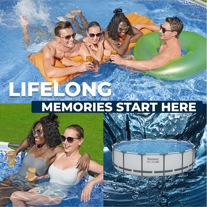 Bestway Steel Pro MAX 15' x 42" Above Ground Pool, Round Metal Frame Outdoor Swimming Pool Set with Filter Pump, Ladder, and Cover, Gray