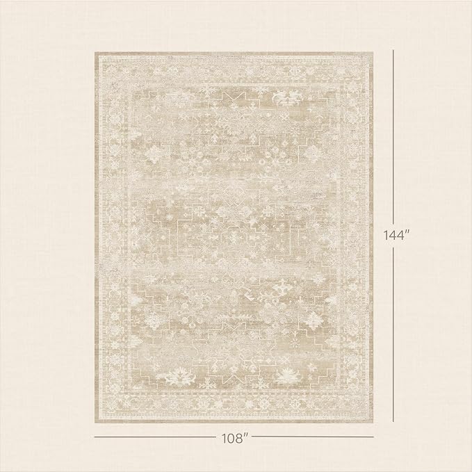 Farmhouse 9x12 Beige Large Area Rugs for Living Room, Neutral Creamy Sandy Gold Washable Rug for Bedroom Under Bed with Distressed Geometric Design, Soft Stain Resistant Low Pile Non-Slip