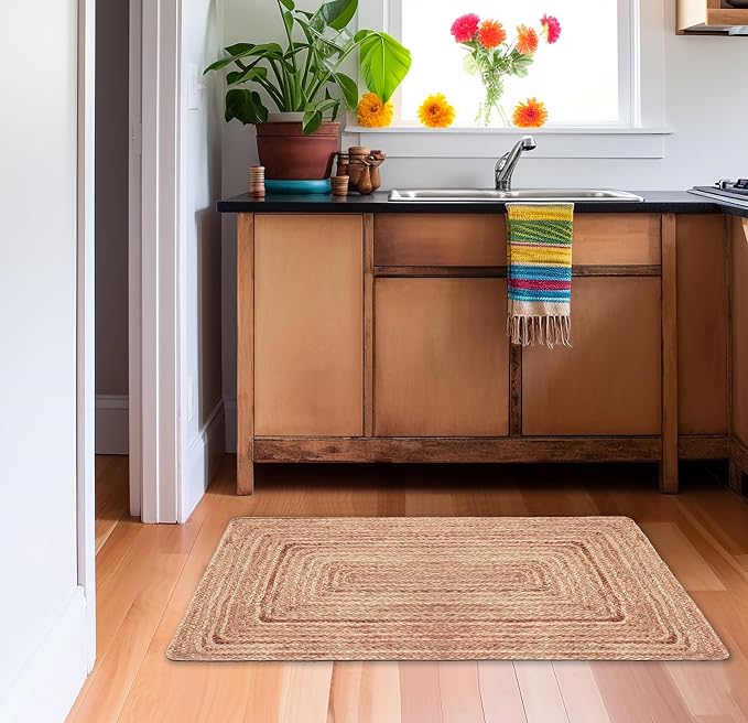 COTTON CRAFT Jute Rug - 2 Pack Braided Handwoven 100% Jute Door Mat - 22x34 | Neutral Reversible Small Rug - Entryway Kitchen Living Room Bedroom Bathroom Farmhouse Rustic Boho Throw Mat - Natural