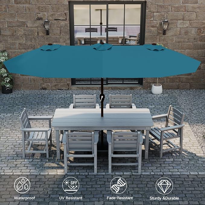 Kingdura 15ft Large Patio Umbrella with Solar Lights, Double-Sided Rectangle Outdoor Table Umbrella with Base Included, 12 Reinforced Ribs, 48 Led Lights, Crank Lift for Market Pool Deck, Lake blue
