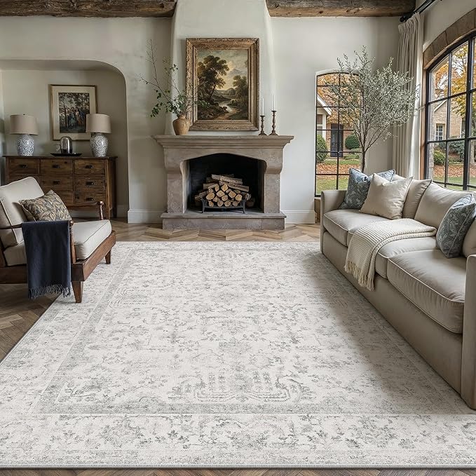 9x12 Grey Neutral Living Room Area Rug | Washable, Low Pile, Accent, Vintage, Soft, Non Slip, Large Carpet for Bedroom Dining Room Nursery Indoor Home Decor