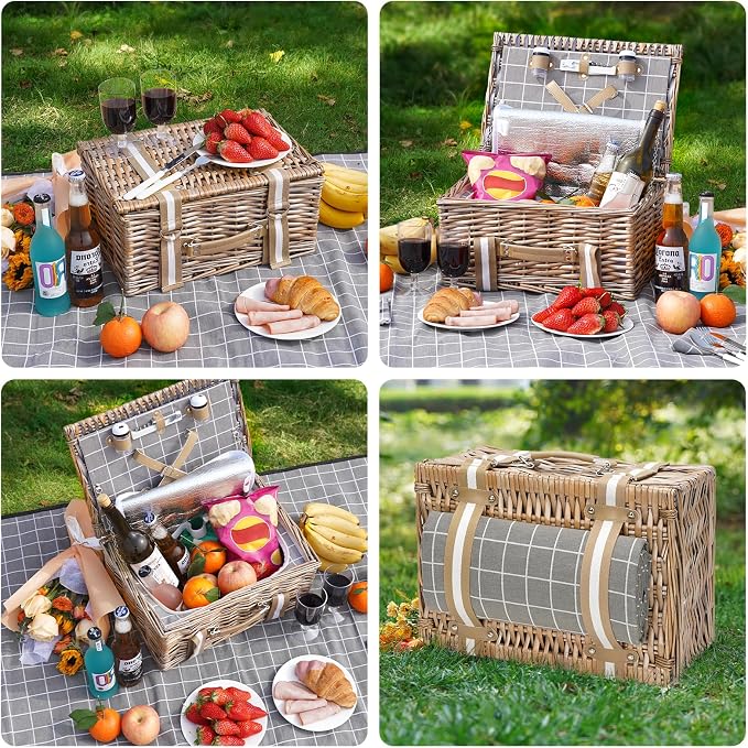 Wicker Picnic Basket for 2 - Willow Basket with Waterproof Picnic Blanket | Willow Picnic Set with Insulated Cooler | Wicker Hamper with Cutlery Kit | Gift Basket for Christmas, Thanks Giving, Grey