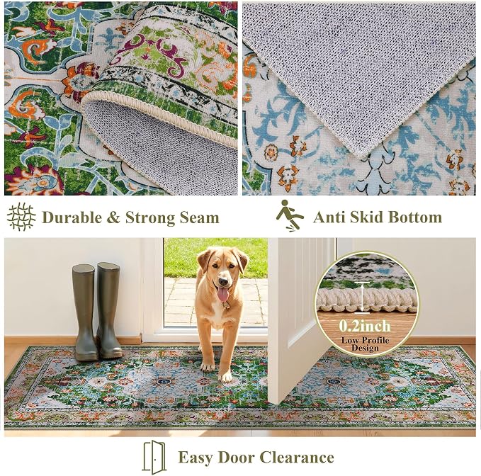 U'Artlines 2' x 6' Boho Hallway Runner Rug Non Slip Washable Runners,Green | Vintage Farmhouse Kitchen Rug Accent Area Carpet for Entryway Laundry and Living Room