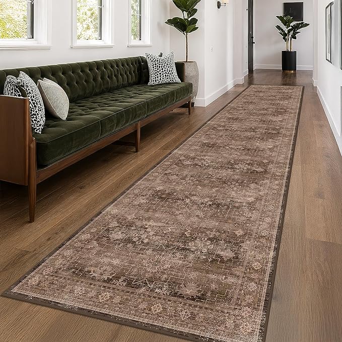 Neutral Boho Washable 3x16 Extra Long Hallway Runner Rug, Brown Waterproof Large Kitchen Floor Rug Indoor, Non-Slip Stain & Fade Resistant, Vintage Dark Earthy Taupe Décor (3x16 Brown)