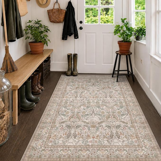 Moss Green 4x6 Washable Entryway Rug, Vintage Boho Farmhouse Small Area Rugs for Living Room Bedroom, Machine Washable Low Pile Kitchen Carpet, Non Slip Stain Resistant Throw Rug for Indoor Front Door