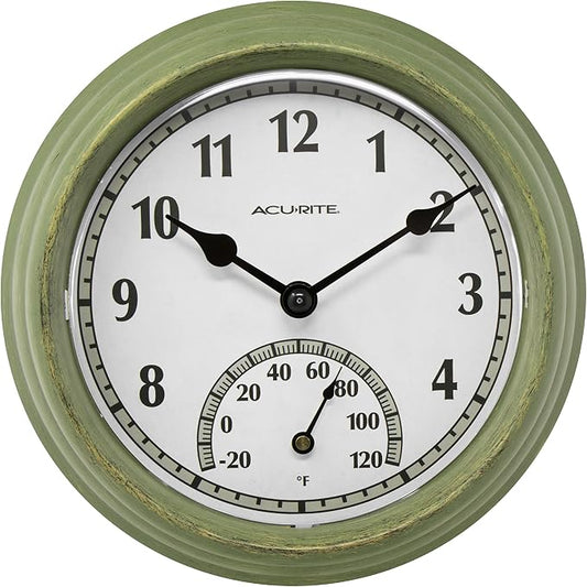 AcuRite 02470 Rustic Green Outdoor Clock with Thermometer, 8.5"