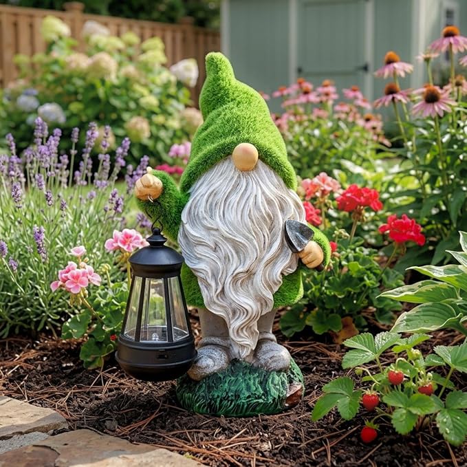 TERESA'S COLLECTIONS Christmas Outdoor Statue for Home, Resin Gnome Decorations with Solar Outdoor Lights for Garden Decor,Green Garden Sculptures & Statues for Front Patio Lawn, Gifts for Mom,8"
