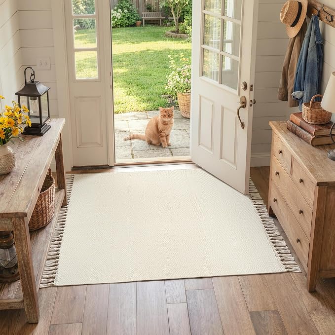 Washable Area Rug 3' x 5', Modern Woven Kitchen Rugs, White/Beige Braided Rug Indoor Door Mat Throw Carpet for Entryway Living Room Nursery Mudroom Laundry Room | Cotton Blend Hand-Woven Bedside Rug, Farmhouse Braided Indoor Door Mat, Reversible Throw ...