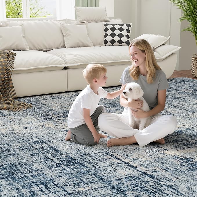 10x14 Washable Area Rug for Living Room Bedroom: Non-Slip Modern Blue Gold | Machine Washable TPR Backing, Stain-Resistant Low Pile, Pet & Kid Friendly, Abstract Decor for Dining Room, Dorm, Home Office