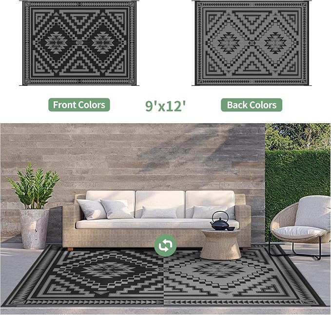 GENIMO Outdoor Rug for Patio Clearance - 9x12 ft Waterproof Plastic Camping Rugs, Reversible Outside Rv Mat Carpet for Porch, Deck, Picnic, Balcony, Beach, Backyard, Black Grey