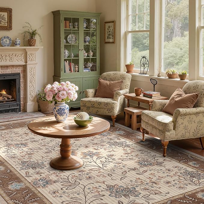 GarveeHome 8x10 Brown Washable Area Rug Living Room Bedroom Non Slip | Botanical Floral Print Rug Soft Floor Mat Carpet Indoor Thin Cottage core Rug for Dining Room Playroom Nursery Room