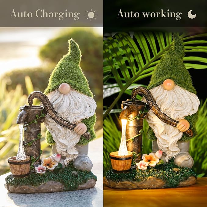 TERESA'S COLLECTIONS Garden Outdoor Decor, Garden Gnomes Decor with Solar Lights, St Patricks Decorations for Outdoor Decor, Waterproof Resin Decorations for Porch Patio, Gift for Dad and Mom, 9"