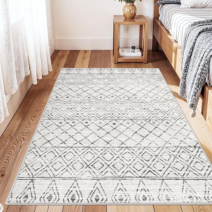 Moroccan 3x4 Washable Area Rug:Non Slip Rug for Entryway Geometric Grey | Modern Soft Texture, Stain Resistant , Easy to Clean, Fits Living Room, Bedroom, Dining Room , Pet Family Friendly