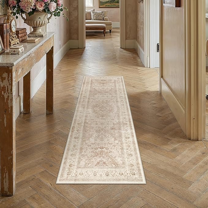 2x6 Beige Washable Runner Rug Non Slip Vintage Carpet | Low Pile, Stain Resistant, Living Room, Kitchen, Bedroom, Entryway, Laundry Room, Hallway, Soft, Thin, Lightweight
