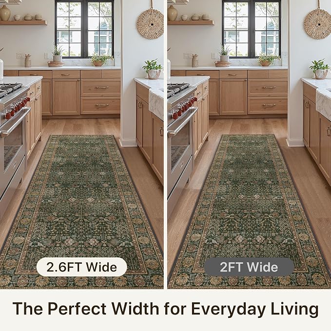 2'6" x 7' Kitchen Runner Rug, Washable Non Slip, Dark Green Brown | Vintage Floral, Spill Resistant, Lightweight Low Pile Carpet for Hallway, Bedroom, Laundry Room and Bathroom