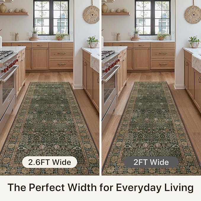 2'6" x 6' Kitchen Runner Rug, Washable Non Slip, Dark Green Brown | Vintage Floral, Spill Resistant, Lightweight Low Pile Carpet for Hallway, Bedroom, Laundry Room and Bathroom