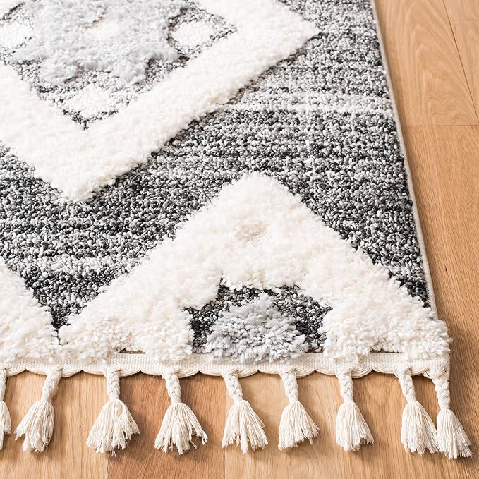 SAFAVIEH Moroccan Tassel Shag Collection Runner Rug - 2'3" x 10', Grey & Ivory, Boho Design, Non-Shedding & Easy Care, 2-inch Thick Ideal for High Traffic Areas in Living Room, Bedroom (MTS664G)