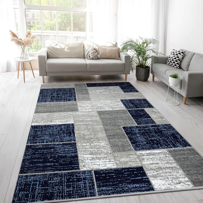 L'Baiet Verena Geometric Area Rug Blue Grey 5' x 7' Medium Area Rugs Carpet for Living Room, Bedroom, Dining Table, Office, Hallway, Foyer | Neutral Colorful Modern Abstract Home Decor