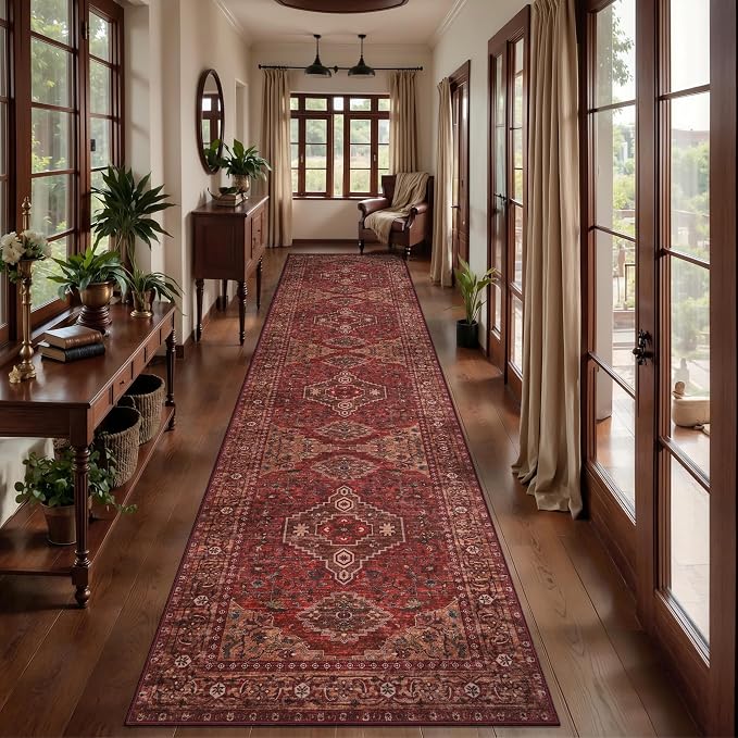 Tangsoo Red Boho 2.6X16 Washable Runner Rug for Hallways, Non Slip Long Rug | Oriental Soft Low Pile Long Rug Runners, Vintage Print 16ft Carpet Runners for Kitchen Bedroom Entryway Living Room Dark Red