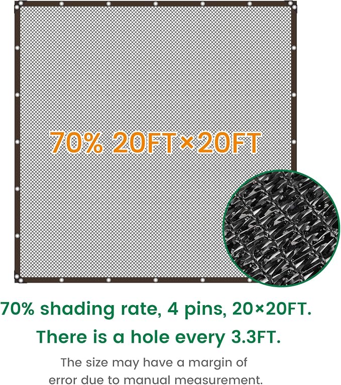 70% 20 X 20 FT Black Shade Cloth, Outdoor Sunblock Shade Cloth with Grommets, Durable Sun Shade Netting Shading Antifreezing for Patio, Garden, Plants Cover, Greenhouse, Barns, Dog Kennel