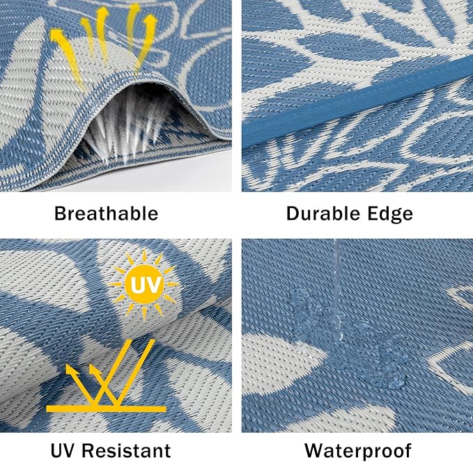Ileading Waterproof Outdoor Rug 8x10, Reversible Plastic Straw Patio Rug, Portable Indoor Outdoor RV Camping Mat Carpet for Deck, Porch, Balcony, Backyard, Picnic, Floral Dusty Blue