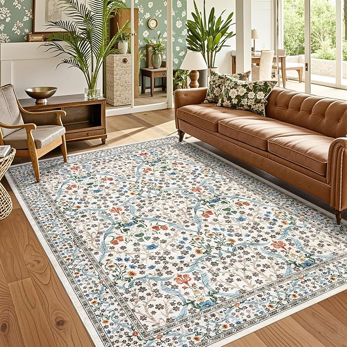 GarveeHome Washable Rug for Living Room, 9x12 Large Area Rug for Dining Room Under Table, Bedroom, Floral Soft Low Pile Non Slip Stain Resistant Carpet for Nursery, Playroom, Office, Beige