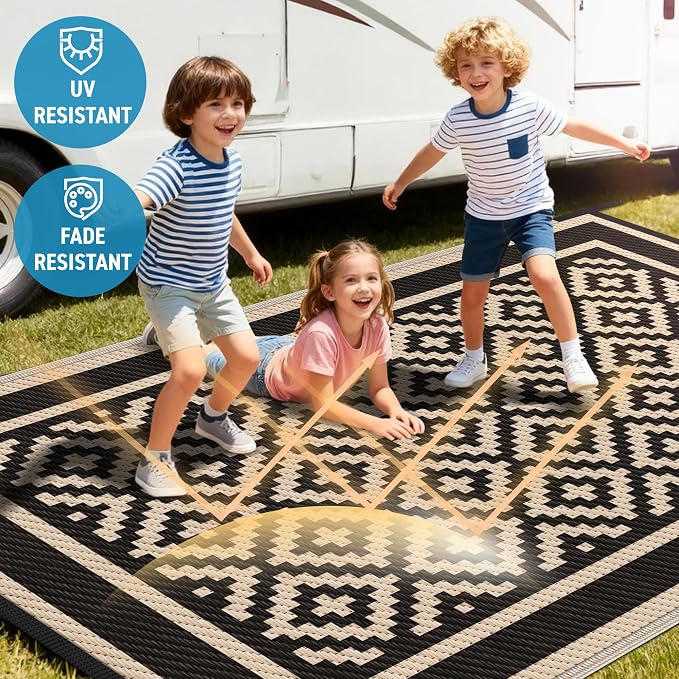 Kohree RV Outdoor Rug 8x10 Reversible, Waterproof Patio Mat with 4 Stakes & UV Fade Resistant, Non-Slip Outdoor Camping Mat for Deck, Picnic, Backyard, Includes Carry Bag (Black & Brown)