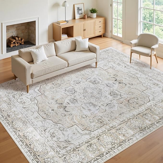 9x12 Washable Area Rugs for Living Room Beige White Non-Slip Rug | Vintage Medallion Rug，Soft Low Pile Large Rugs，Indoor Retro Carpet for Bedroom Nursery Dining Table Farmhouse Home Office