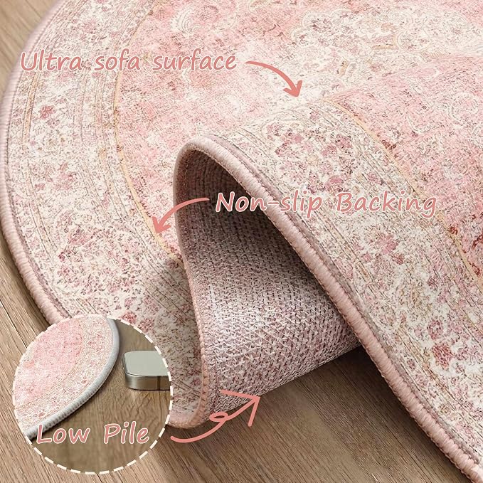 Latte&Fog 4ft Pink Round Area Rug for Girl Bedroom Washable Cute Circle Rug | Non Slip Low Pile Soft Floral Small Carpet for Kids Playroom Nursery Classroom Dorm Decor Dining Kitchen Farmhouse Office