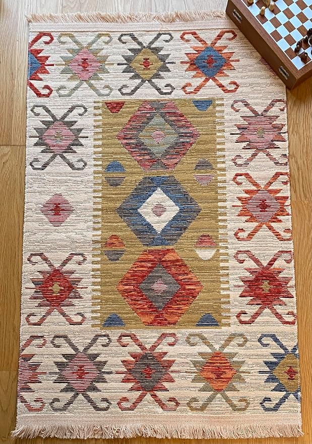 Secret Sea Collection: Modern Kilim Series Small Area Rug, Washable, Reversible, Cotton (2 x 3 feet, Antique Birds)