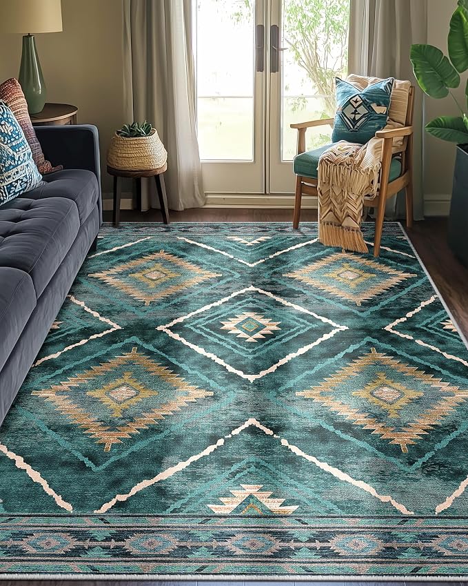 6'x9' Washable Area Rug for Living Room Bedroom Teal/Green | Soft Western No Slip Low Pile Print Foldable Indoor for Kitchen Dining Room
